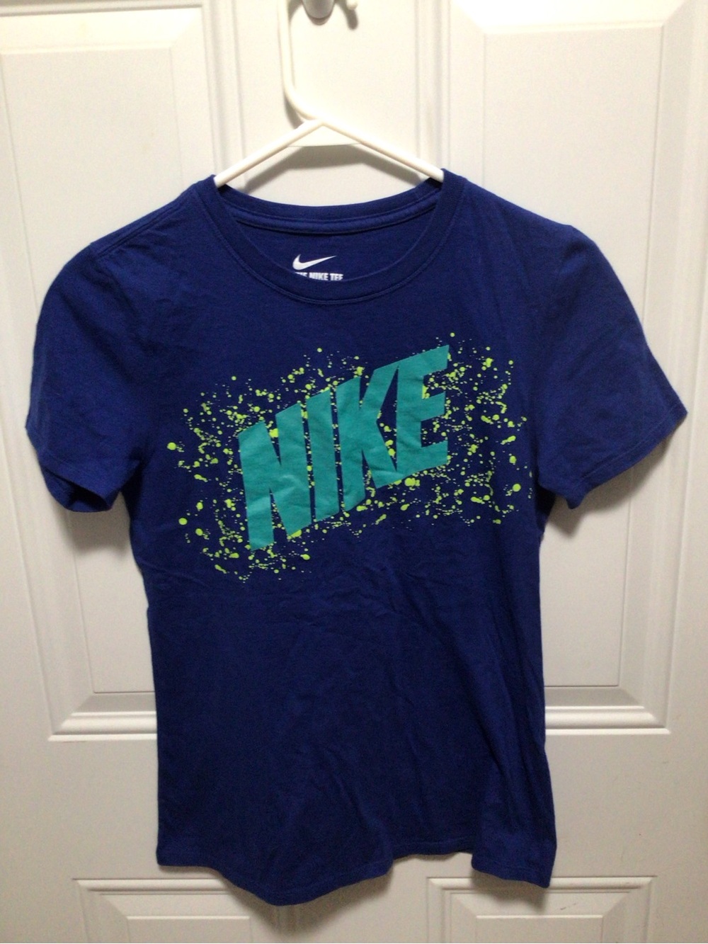 Nike Blue Tee with Teal Logo and Neon Green Splatter